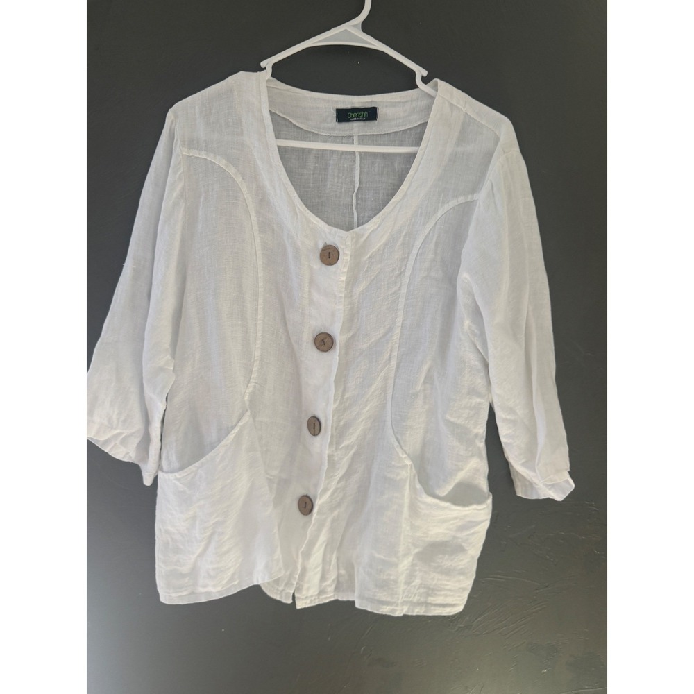 Cherishh Made in Italy White Linen Button Front Blouse 3/4 Sleeve Pockets L/XL